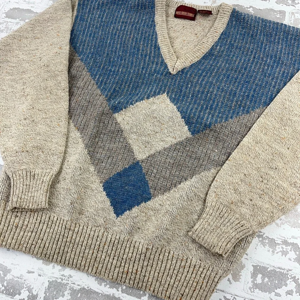 Vintage Grandpa Sweater Men XL Tan Blue Woll Blend Knit V Neck 90s Diamond - Picture 2 of 10